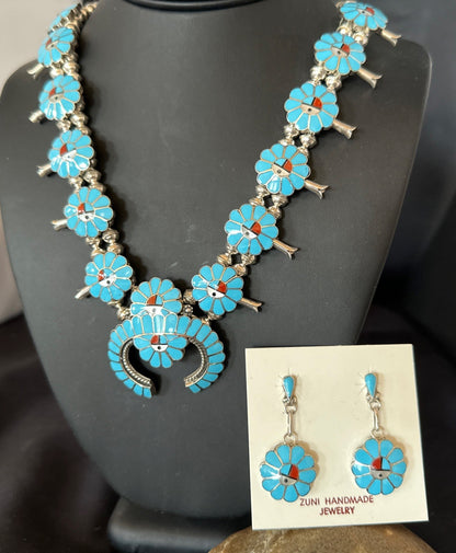 Old Pawn Sunface Turquoise Zuni Sterling Silver Squash Necklace Earrings 19289
