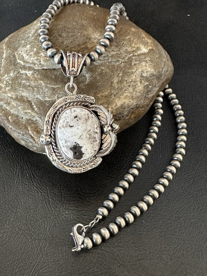 White Buffalo Turquoise Pendant Navajo Pearls Sterling Silver Necklace 19375