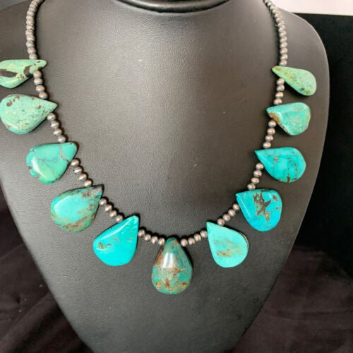 Navajo Pearls Necklace Sterling Silver Blue Turquoise Teardrop 13152