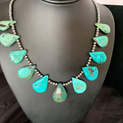 Navajo Pearls Necklace Sterling Silver Blue Turquoise Teardrop 13152
