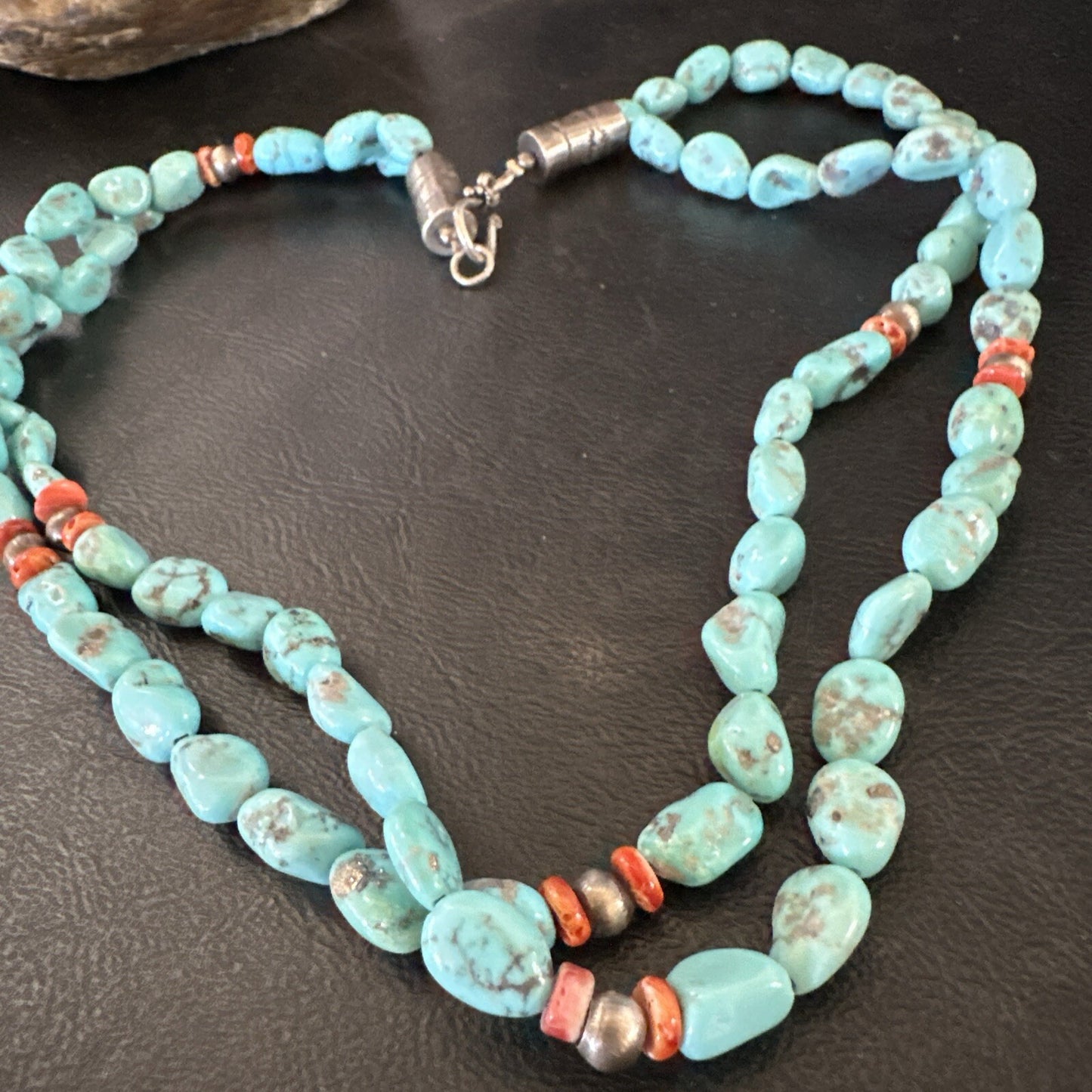 Spiny Oyster Nacosari Turquoise 2S Navajo Sterling Silver Necklace 19" 17785