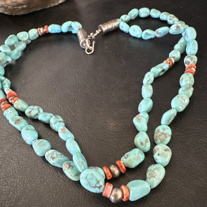 Spiny Oyster Nacosari Turquoise 2S Navajo Sterling Silver Necklace 19" 17785