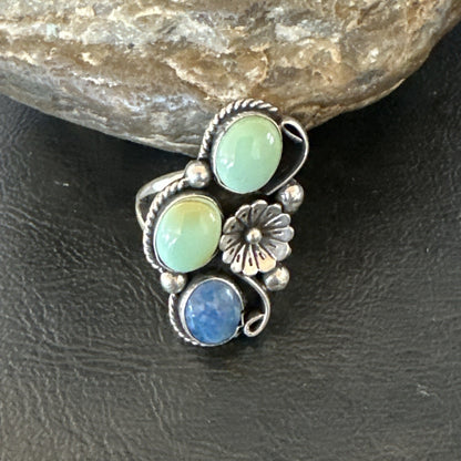 Yazzie Ring Green Turquoise Lapis Navajo Sterling Silver Cluster Size 8 19224