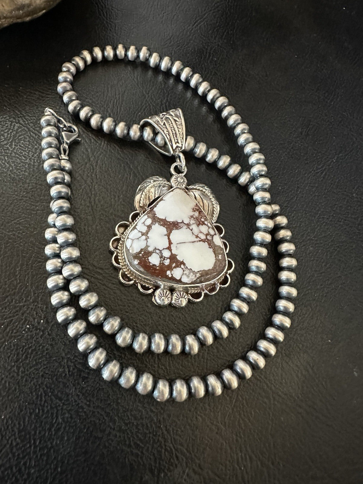 Navajo Pearls Sterling Silver Wild Crazy Horse Turquoise Necklace Pendant 19391