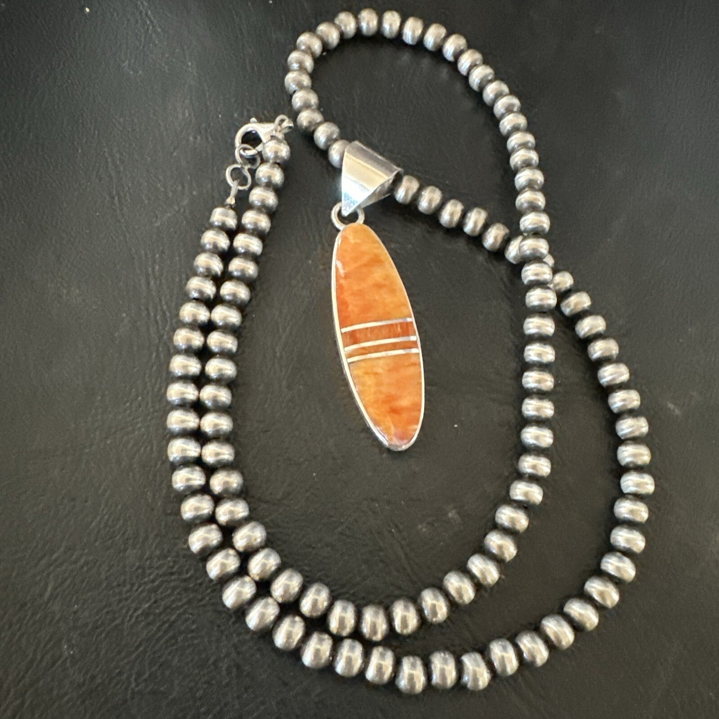Native Navajo Sterling Silver Orange Spiny Oyster Necklace Inlay Pendant 17811