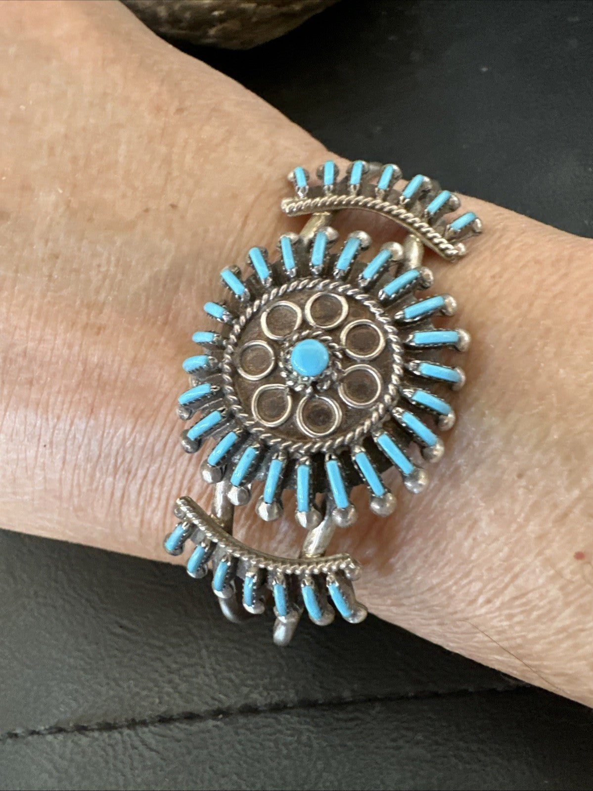Blue Turquoise Native American Zuni Sterling Silver Cluster Cuff Bracelet 12151