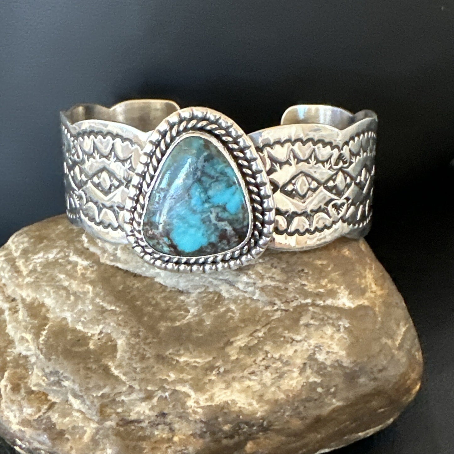 Navajo Blue TURQUOISE Stamped Sterling Silver Cuff Bracelet 8.3" 18716