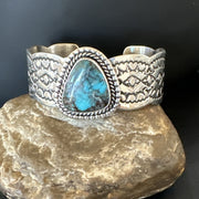 Navajo Blue TURQUOISE Stamped Cuff Bracelet 8.3" | Sterling Silver | Authentic Native American Handmade | 18716