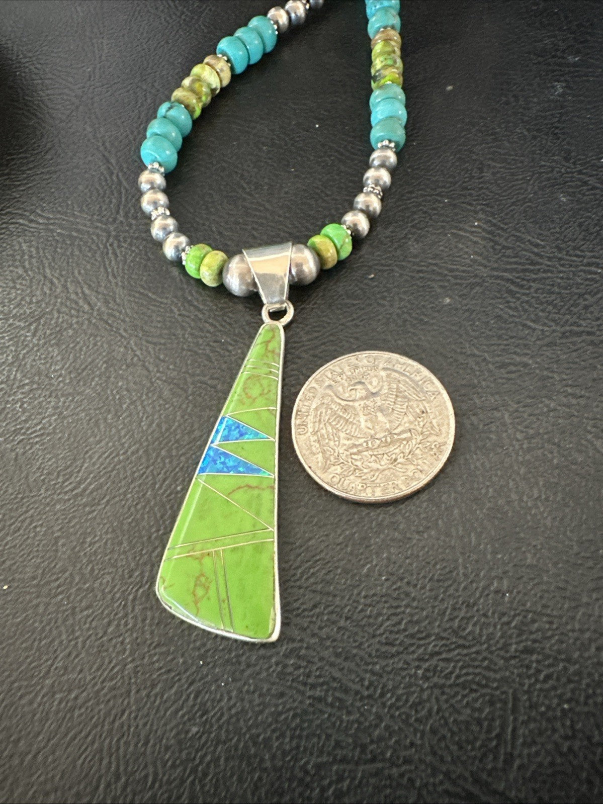 Blue Green Turquoise  Gaspeite Pendant Navajo Sterling Silver Necklace 19665