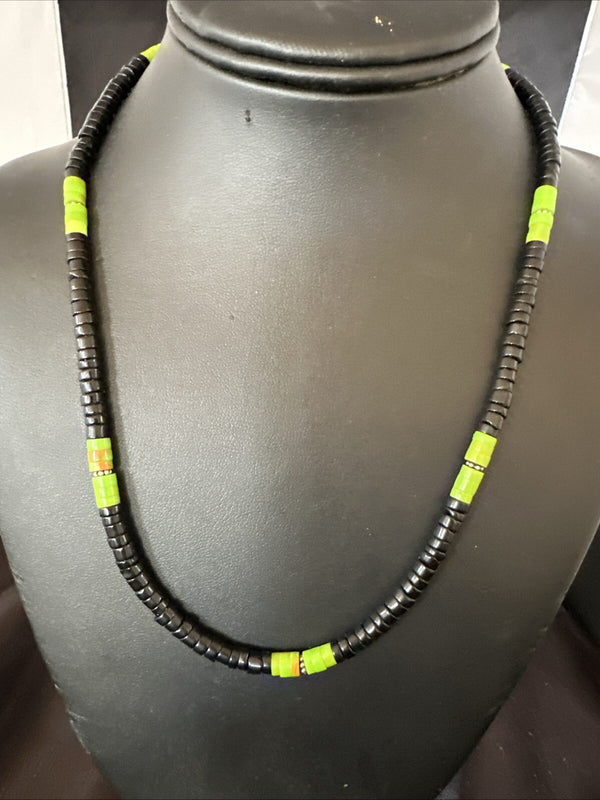 Men's Green Gaspeite Onyx Heishi Southwestern Necklace 19" | Sterling Silver | Authentic Native American Handmade | 18713