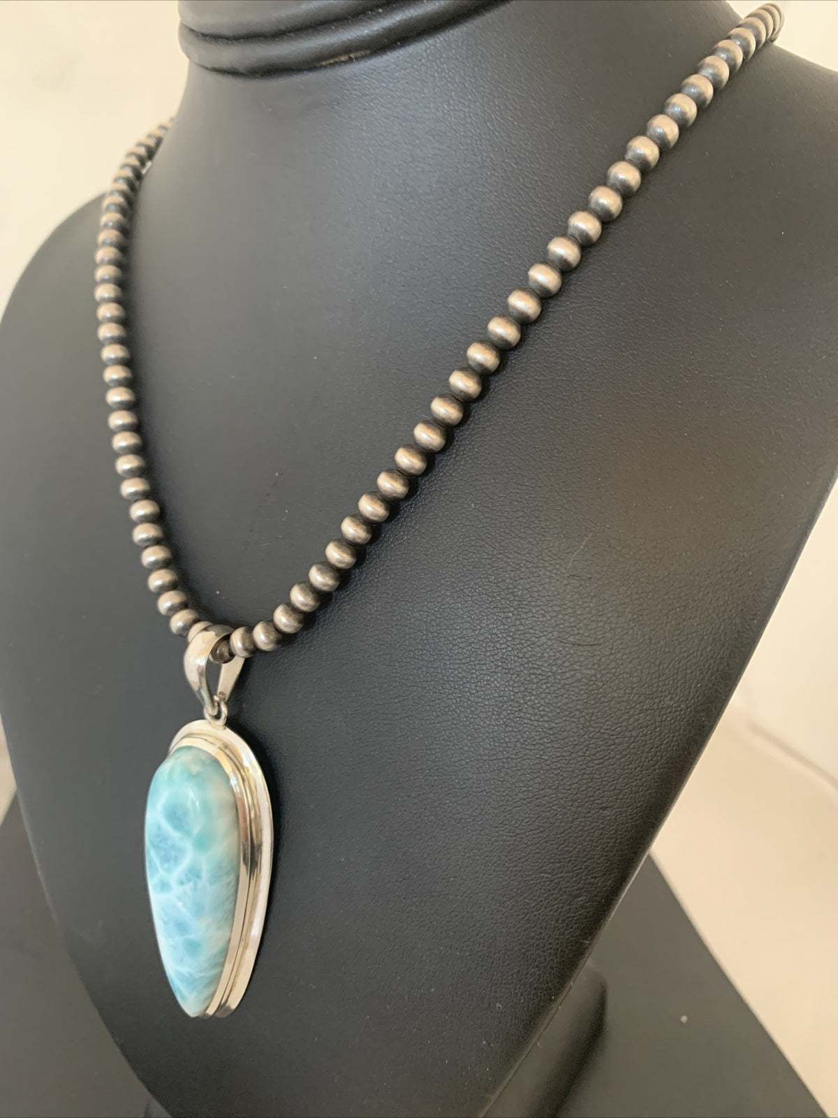 Womens Blue Larimar Pendant Navajo Sterling Silver Beads Necklace 01766