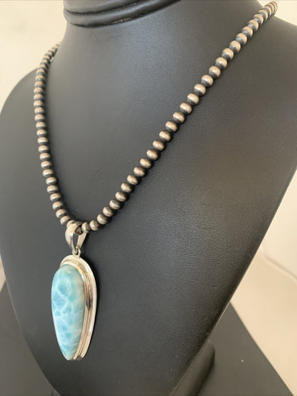 Womens Blue Larimar Pendant Navajo Sterling Silver Beads Necklace 01766