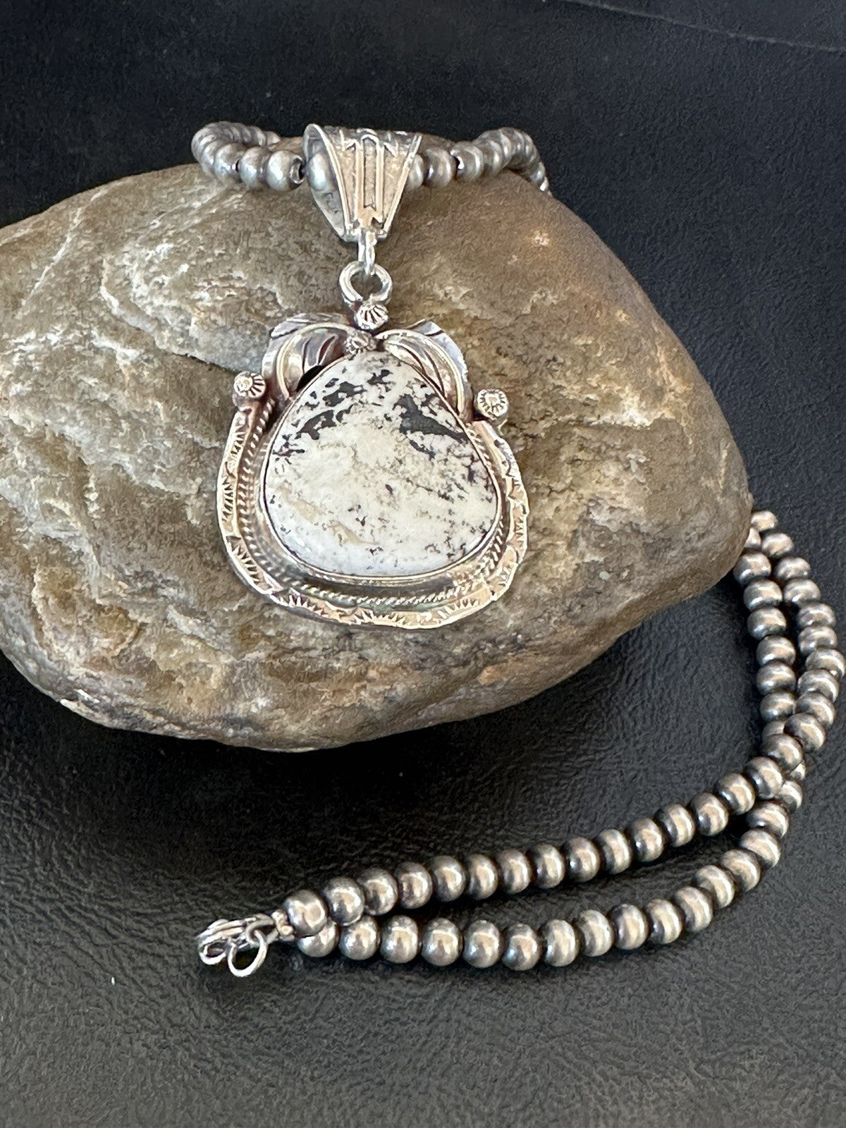 Mens White Buffalo Turquoise Pendant Sterling Silver Beads Necklace 18311