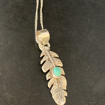 Womens Navajo Blue Turquois Sterling 16" Necklace Feather Pendant 13686