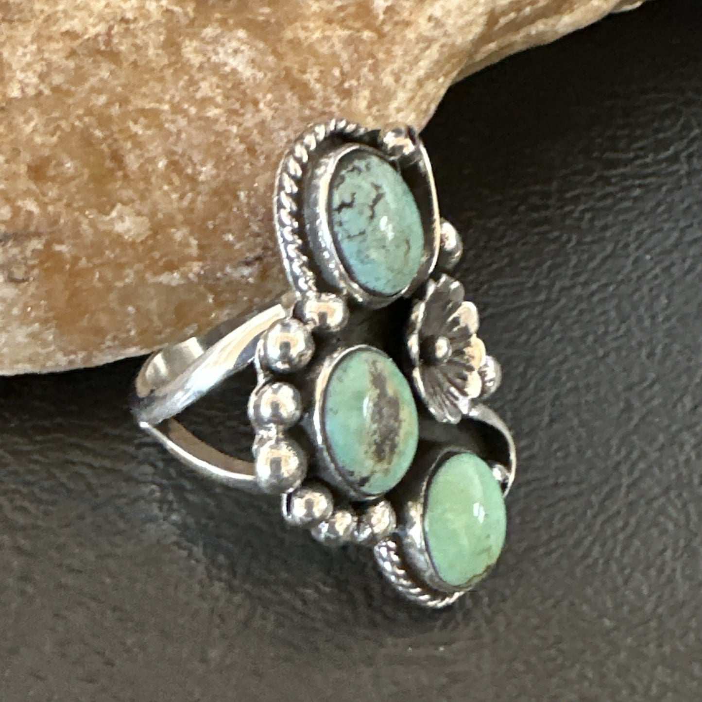 Yazzie Ring Green Turquoise Navajo Sterling Silver Cluster Size 8.5 19215