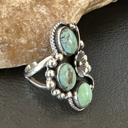 Yazzie Ring Green Turquoise Navajo Sterling Silver Cluster Size 8.5 19215