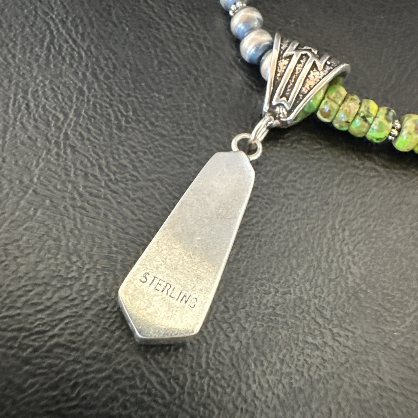 Womens Green Gaspeite Turquoise Pendant Navajo Sterling Silver Necklace 18372