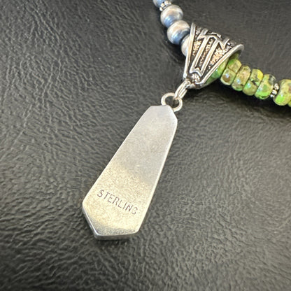 Womens Green Gaspeite Turquoise Pendant Navajo Sterling Silver Necklace 18372
