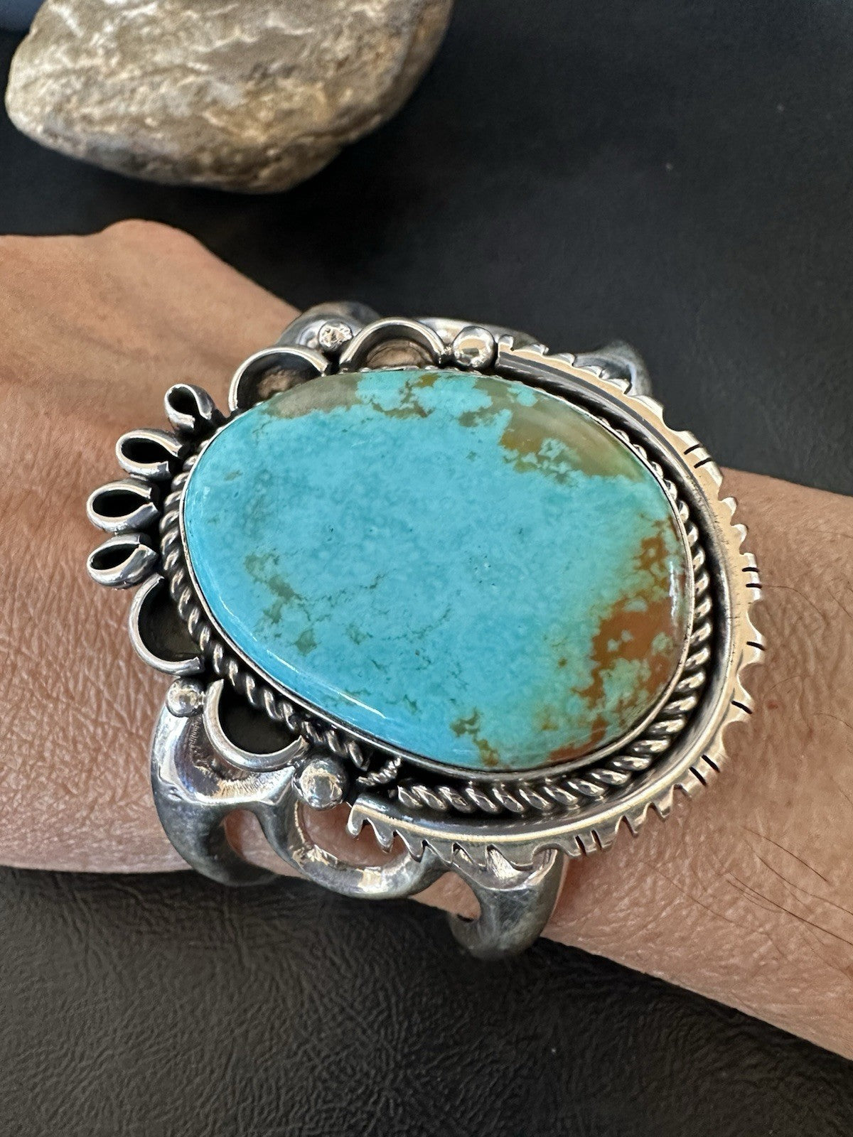 Mens Womens Tufa Blue Turquoise#8 Navajo Sterling Silver Cuff Bracelet 7.7"19450