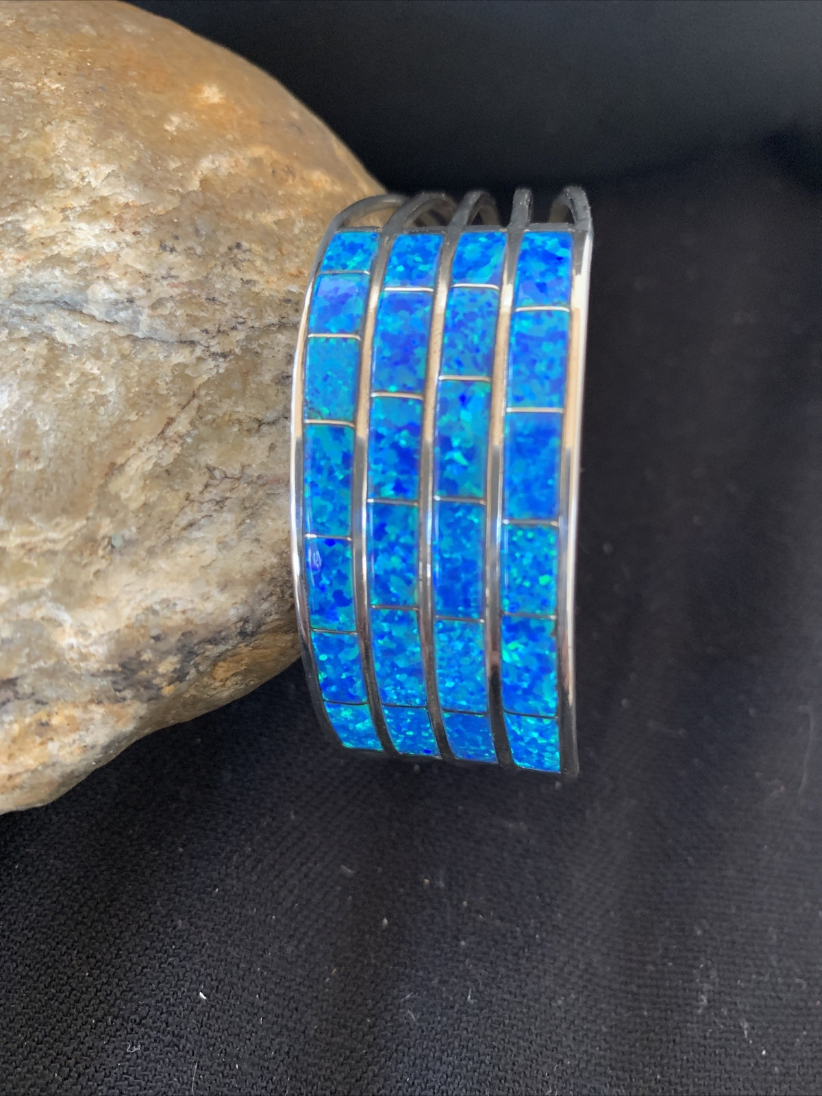 Blue Faux Opal Southwestern Zuni Sterling Silver Cuff Inlay Bracelet 01028