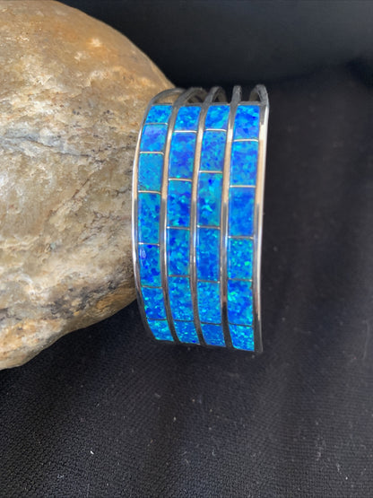 Blue Faux Opal Southwestern Zuni Sterling Silver Cuff Inlay Bracelet 01028