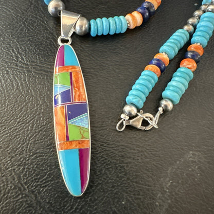 Multicolor Turquoise Spiny Navajo Sterling Silver Inlay Pendant Necklace 19653
