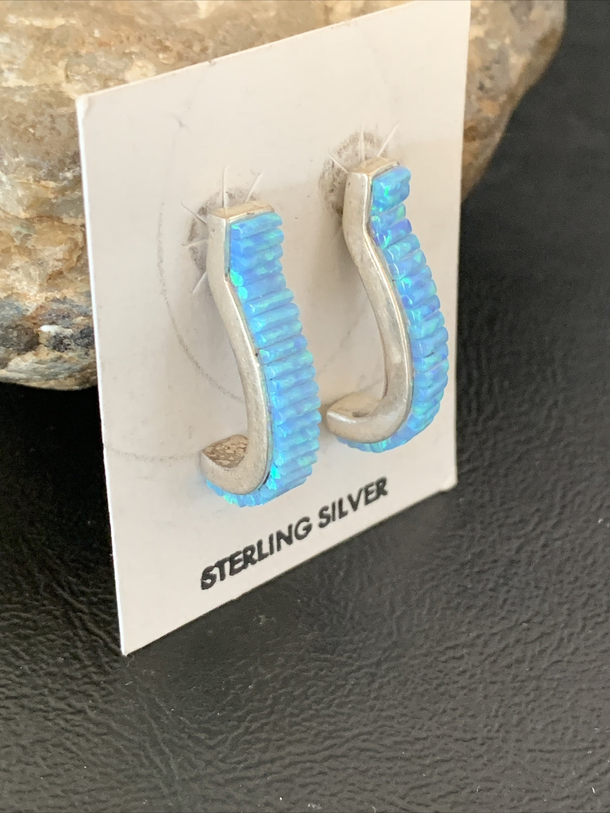Blue Opal Inlay Navajo Sterling Silver Hoop Earrings 1" 1718
