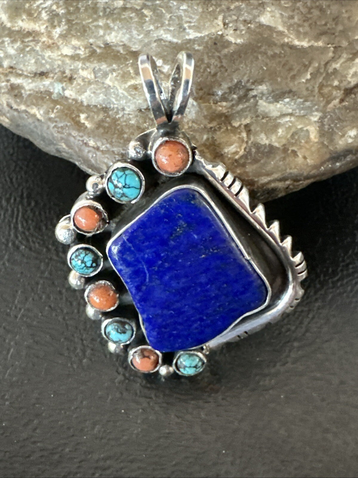 Blue Lapis Cluster Pendant Navajo Sterling Silver Beads Necklace 18754