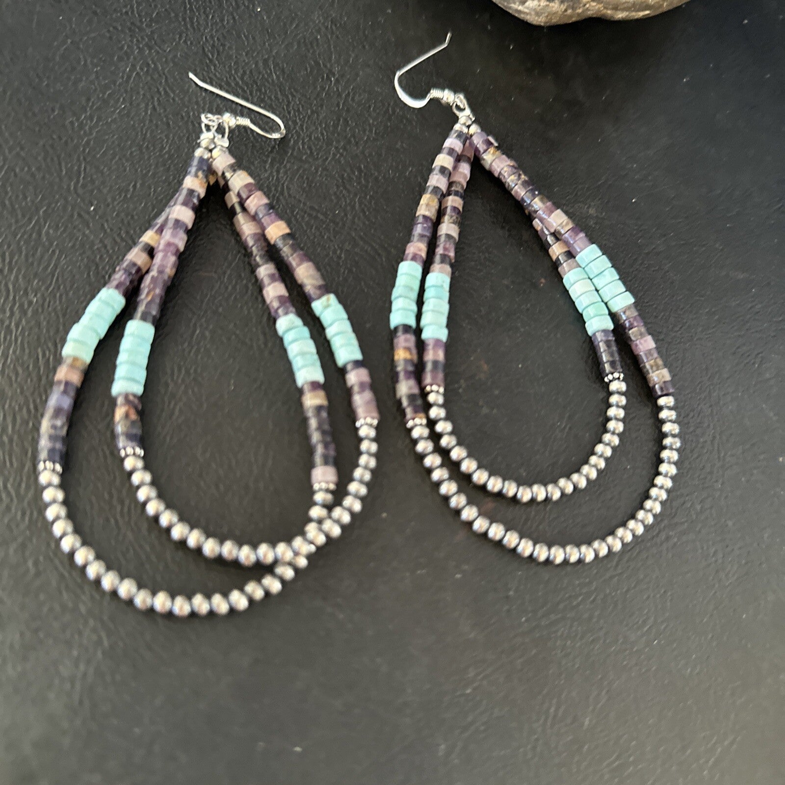 XL  Purple Stone Turquoise Sterling Silver Heishi Bead Earrings 4" 17837