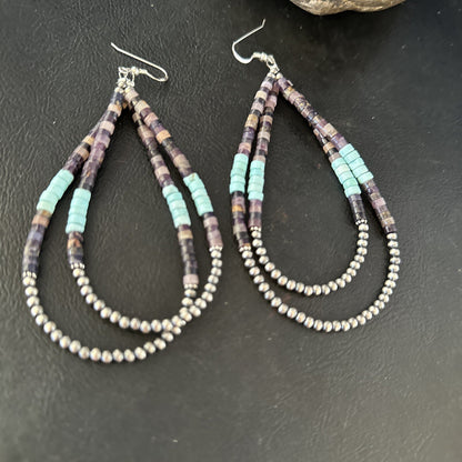 XL  Purple Stone Turquoise Sterling Silver Heishi Bead Earrings 4" 17837