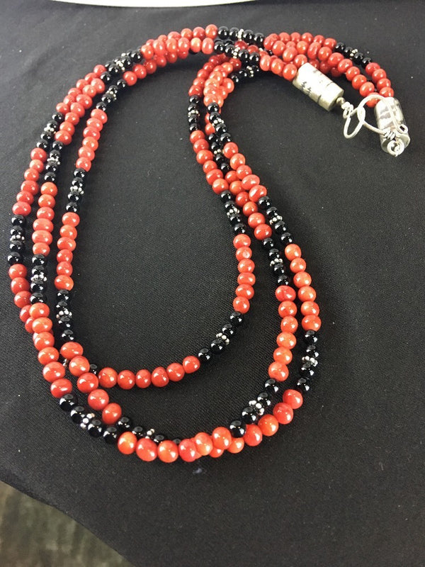 Red Bamboo Coral Black Onyx 3 Strand Necklace | Sterling Silver | Authentic Native American Handmade | 3246