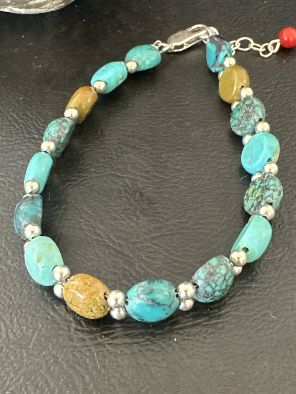 Womens Blue Turquoise Bead Southwestern Sterling Silver Link Bracelet 8" 17236A