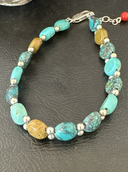 Womens Blue Turquoise Bead Southwestern Sterling Silver Link Bracelet 8" 17236A