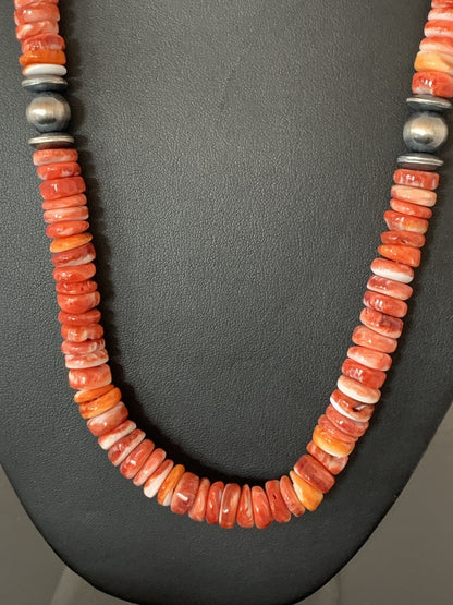 Red Spiny Oyster Navajo Sterling Silver Beads 20" Necklace 00556