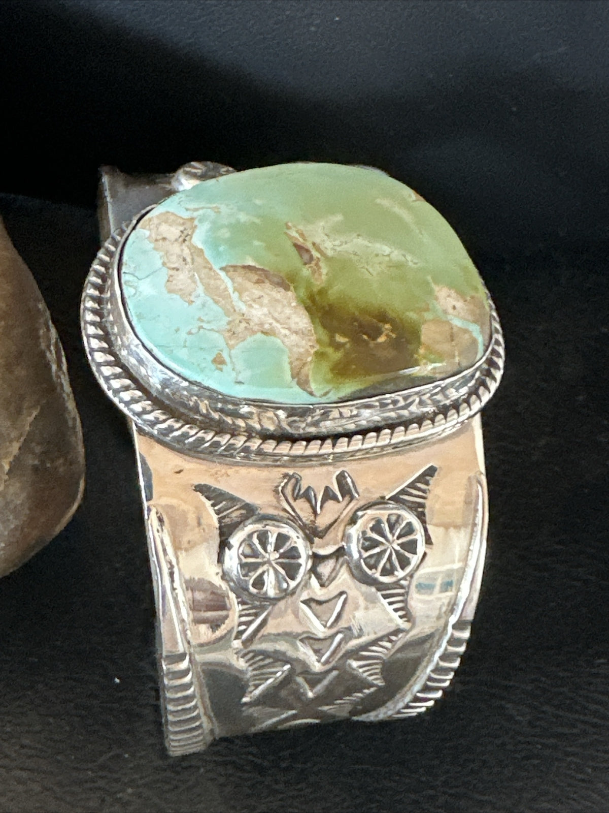 Navajo Women Green Royston Turquoise Stamped Sterling Silver Cuff Bracelet 17865