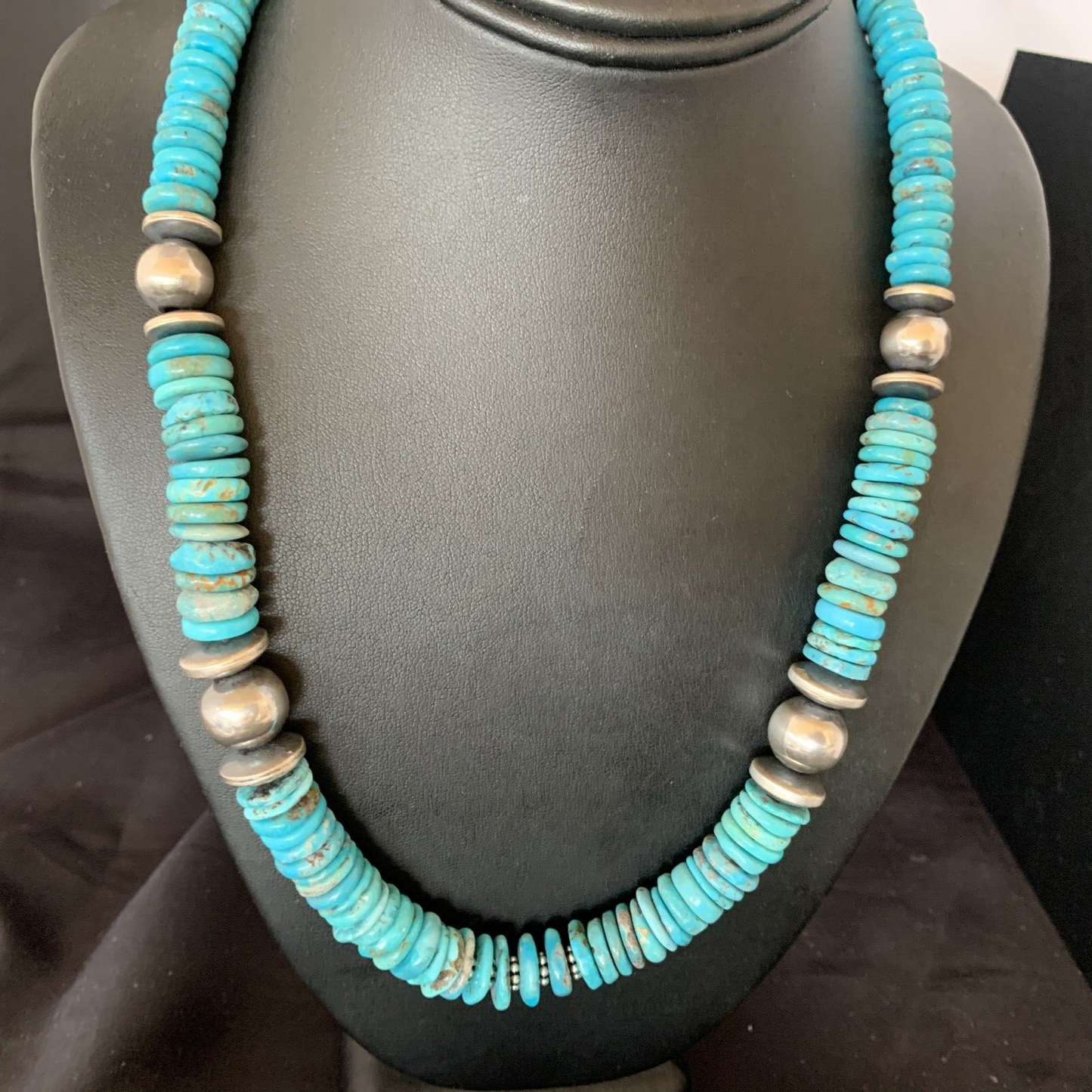 Navajo Blue Turquoise Sterling Silver Necklace Graduated 22" 13399