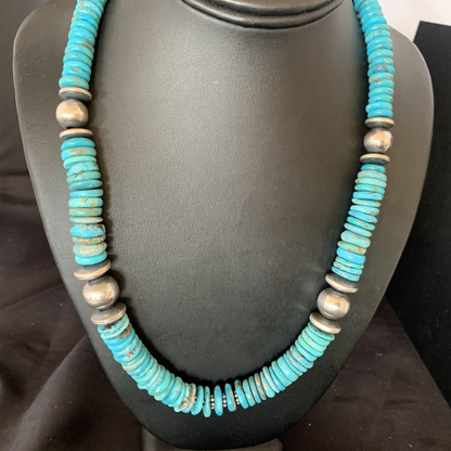 Navajo Blue Turquoise Sterling Silver Necklace Graduated 22" 13399