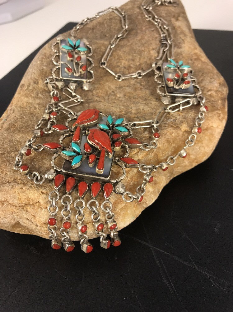 Turquoise & Coral Pendant Zuni Sterling Silver Museum Collectible Necklace 03029