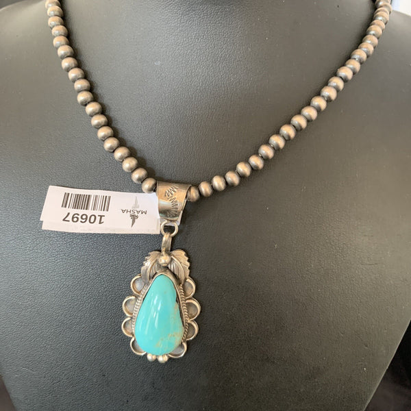 Men's Blue Kingman Turquoise Pendant Navajo Pearls Necklace 10697N | Sterling Silver | Authentic Native American Handmade