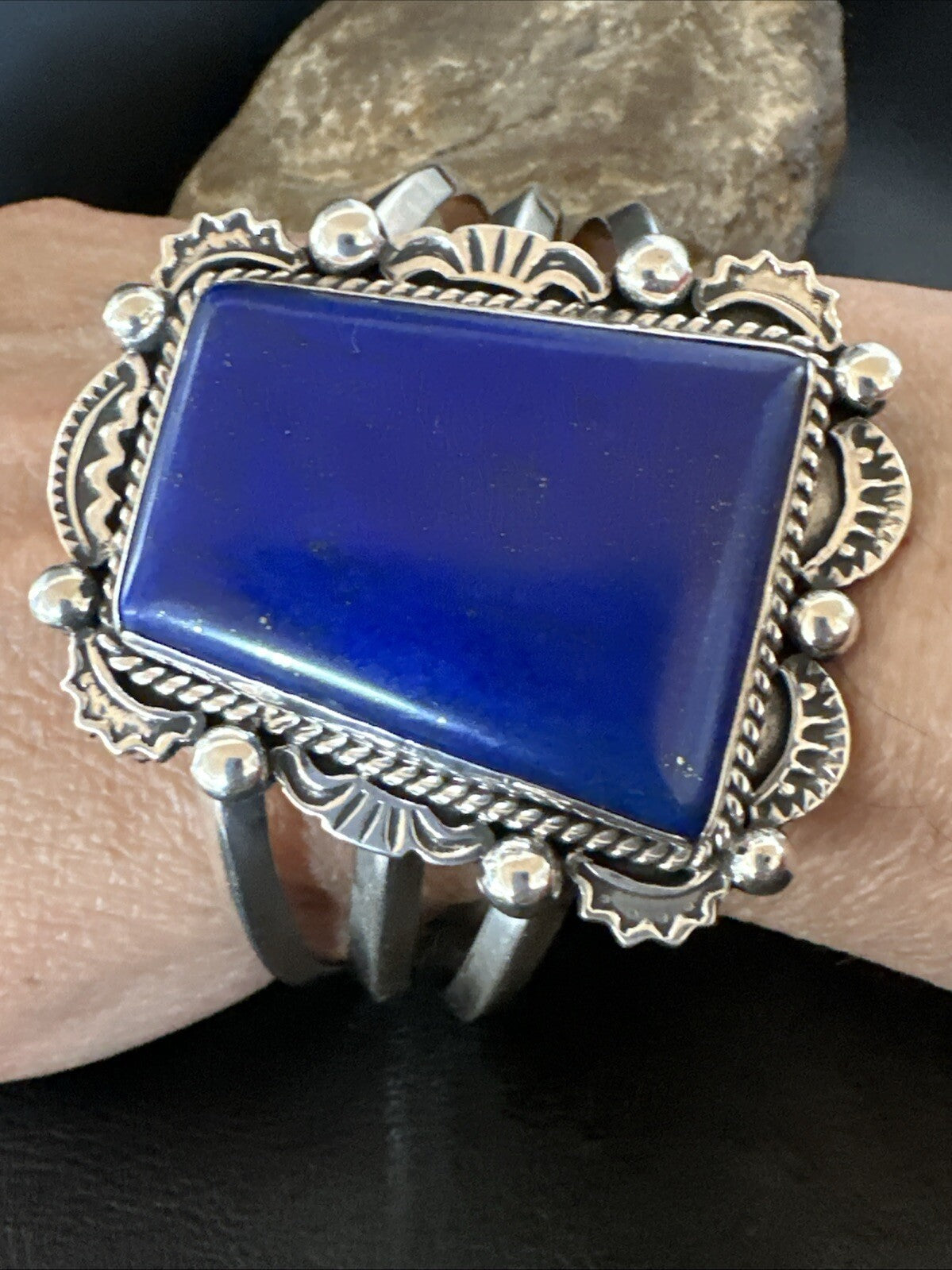Native Mens Blue Lapis Lazuli Sterling Silver Cuff Bracelet 8" 18602