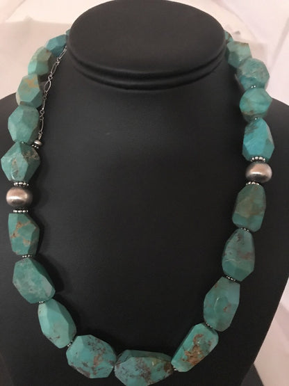 Turquoise Chunky Bead Faceted Navajo Sterling Silver Beads Necklace 03367