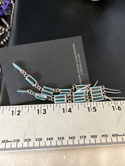 Kingman Turquoise Needle Point Zuni Sterling Silver 5 Tier Dangle Earrings 18636
