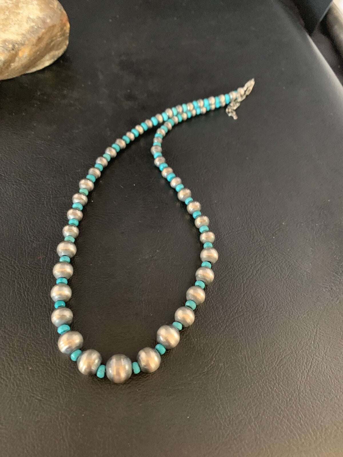 Navajo Pearls Graduated Sterling Blue Turquoise Bead Necklace 16" 96116