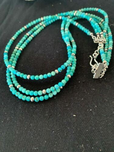 Navajo Blue Turquoise 4mm Bead 3 Strand Necklace Sterling Silver 4827