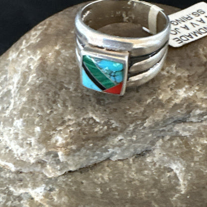 MultiColor Navajo Sterling Turquoise Spiny Oyster Inlay Ring Sz 6.5 18707