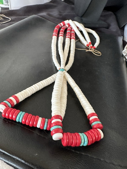 Red Coral White Turquoise 2 St Native American Santo Domingo Necklace 28" 19440