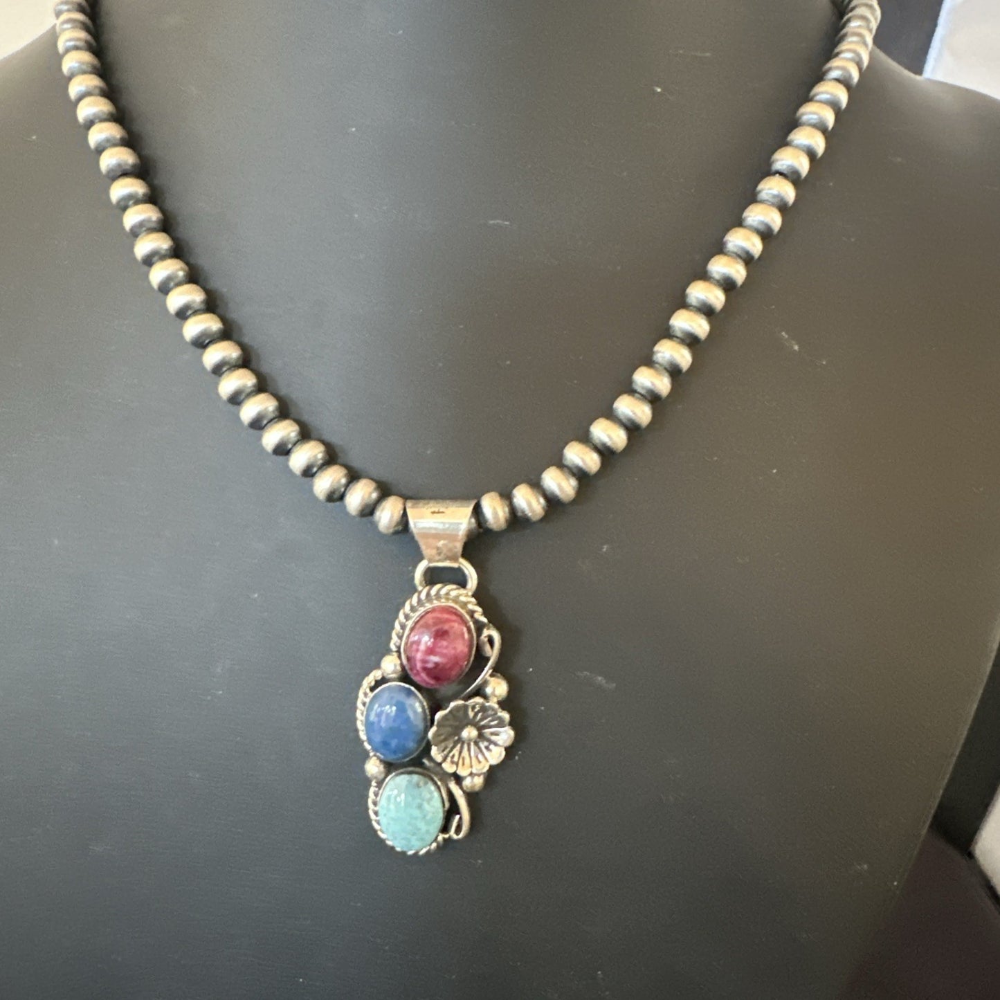 Multicolor Turquoise Spiny Navajo Sterling Silver Cluster Pendant Necklace 19312