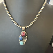 Multicolor Turquoise Spiny Navajo Cluster Pendant Necklace | Sterling Silver | Authentic Native American Handmade | 19312