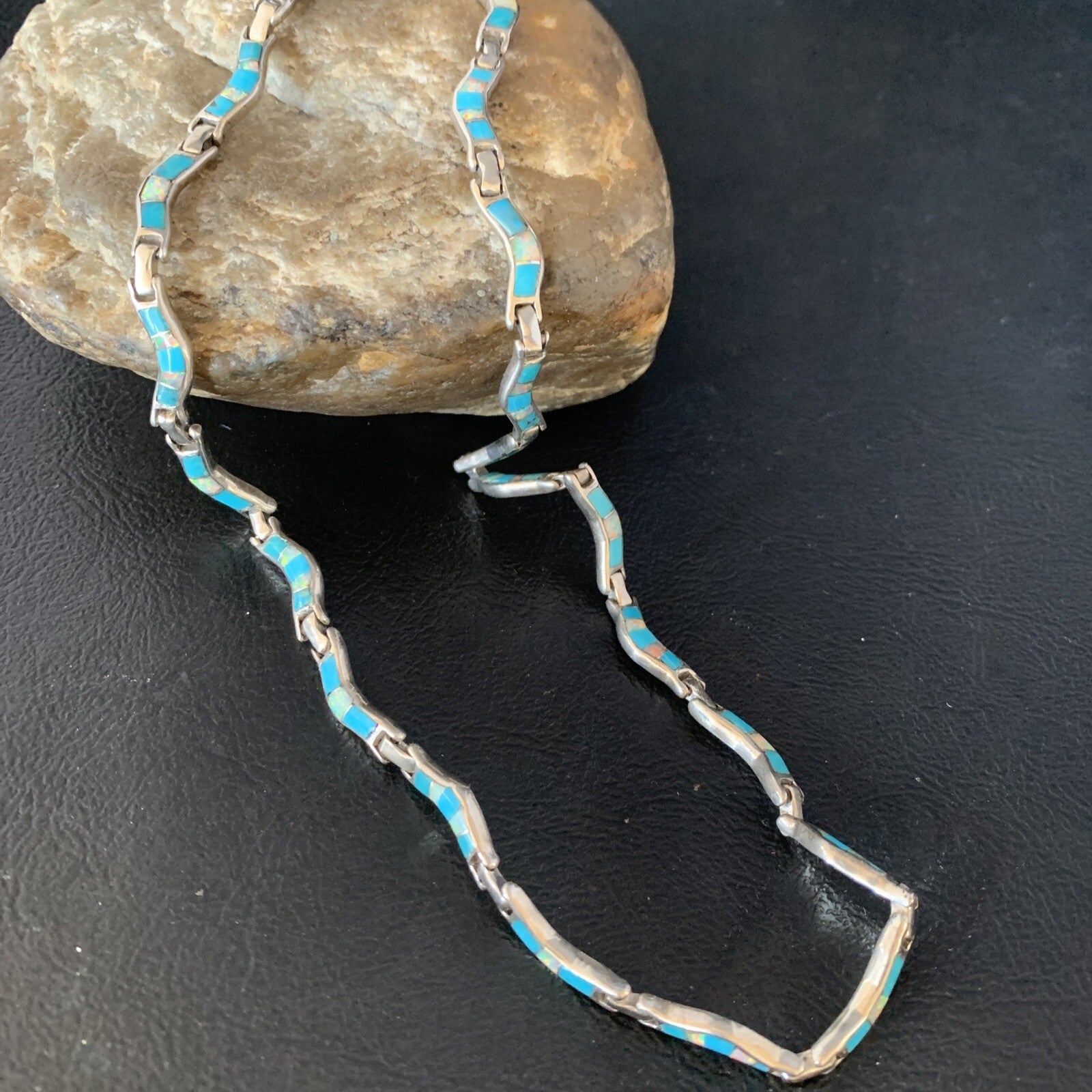 Blue Kingman Sterling Silver Necklace Turquoise Opal Inlay Pendant 16" 13590