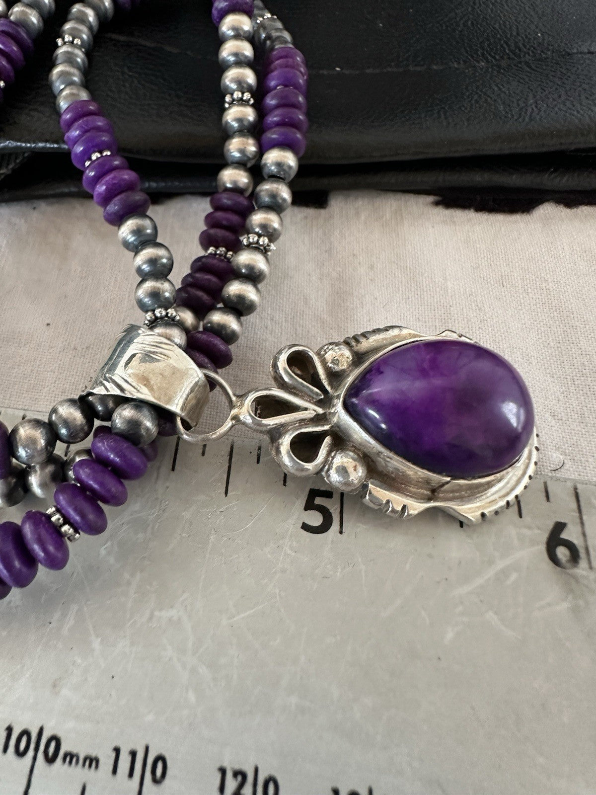 Navajo Sterling Silver 3 Strand Purple Stone Necklace Pendant 22” 19304